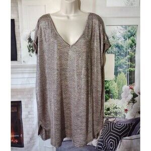 Size 3X Top Liquid Knit Long Tunic Cap Sleeves Shimmer V-Neck Womens Plus Boho